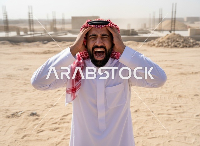 رجل سعودي يصرخ في موقع بناء بالصحراء