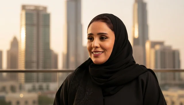 Emirati Woman Dubai Skyline at Sunset