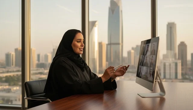 سيدة أعمال سعودية في مكتب بالرياض وقت الغروب