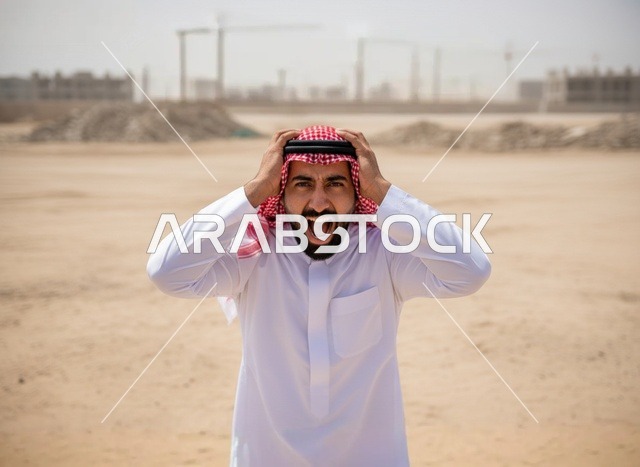 رجل سعودي يصرخ في موقع بناء صحراوي