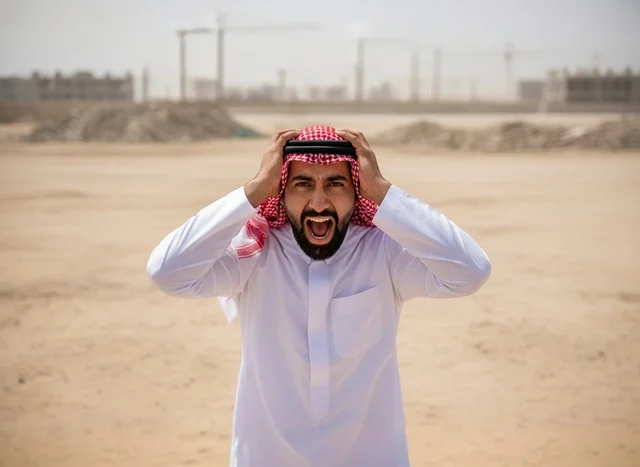 رجل سعودي يصرخ في موقع بناء صحراوي