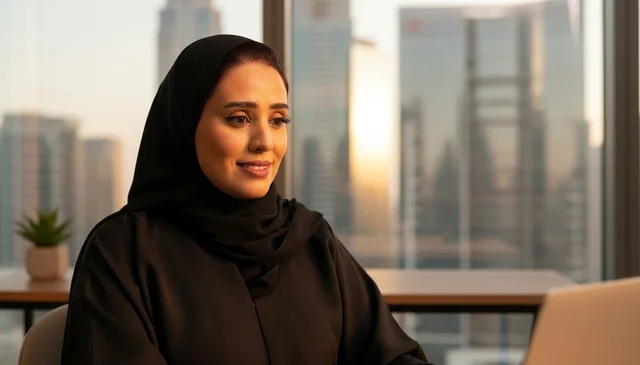 سيدة أعمال إماراتية في مكتب مع إطلالة الغروب