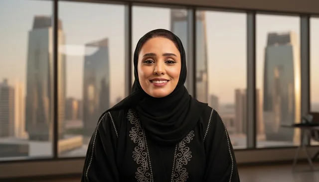 سيدة أعمال سعودية في مكتب حديث يطل على المدينة