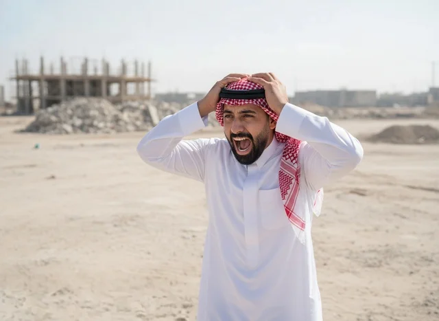 Frustrated Saudi Man at Desert Construction Site