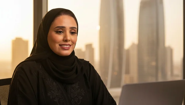 امرأة عربية تعمل على المحمول في مكتب حديث عند الغروب