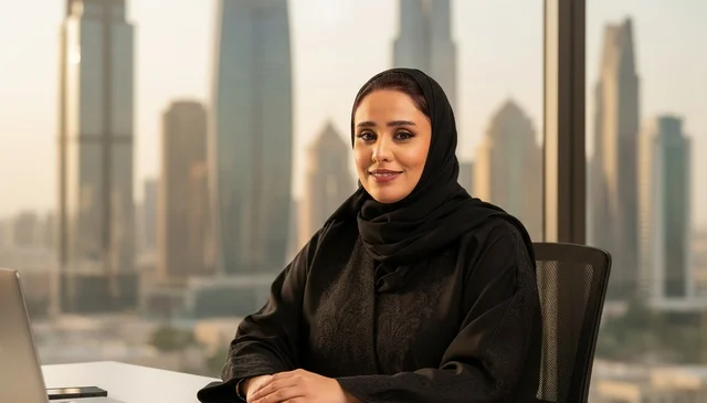 سيدة أعمال إماراتية في مكتب يطل على أفق دبي