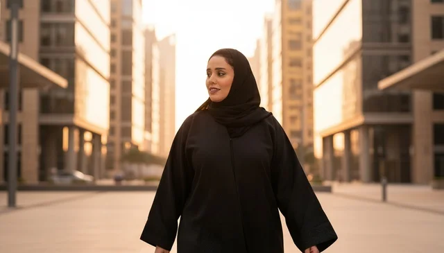 Arab Woman in Abaya at Modern Business District Sunset