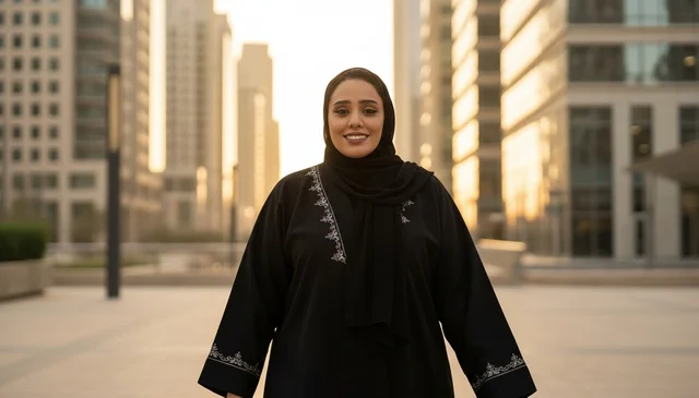 Emirati Woman in Black Abaya at Urban Sunset