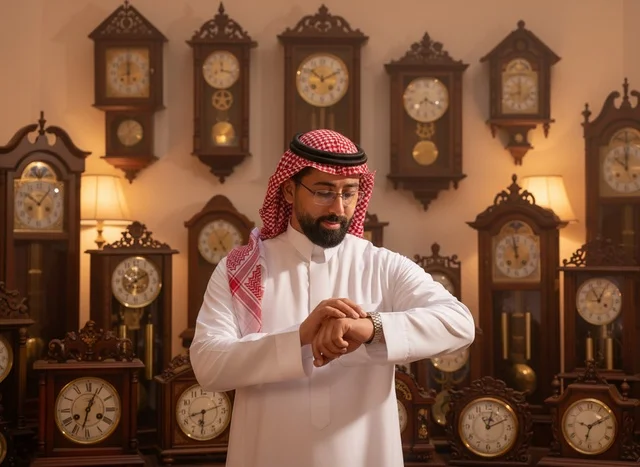 Saudi Man in Traditional Thobe Checking Wristwatch