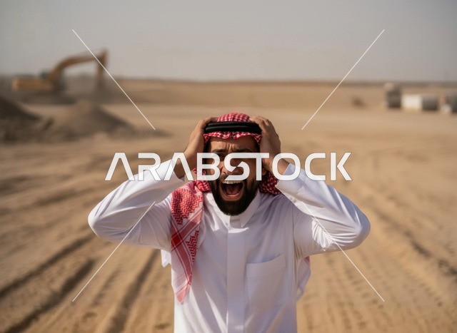 رجل سعودي يصرخ في موقع بناء بالصحراء