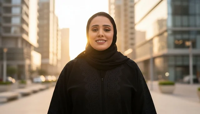 امرأة إماراتية بالعباءة السوداء في مدينة حديثة وقت الغروب