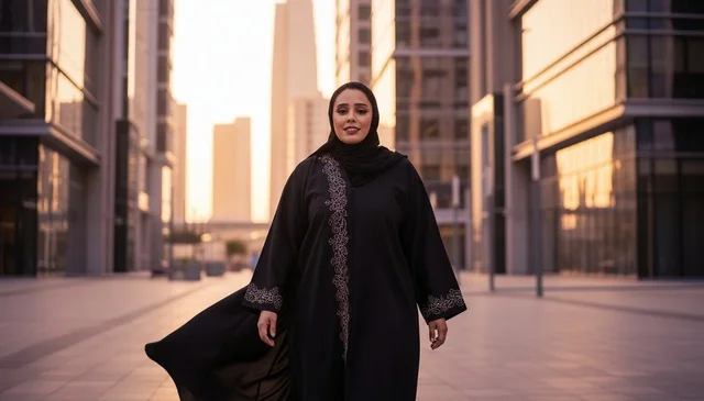 Emirati Woman in Abaya Walking in Modern City at Sunset