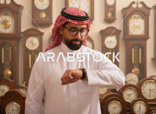 رجل سعودي بالثوب التقليدي يتفقد ساعة يده