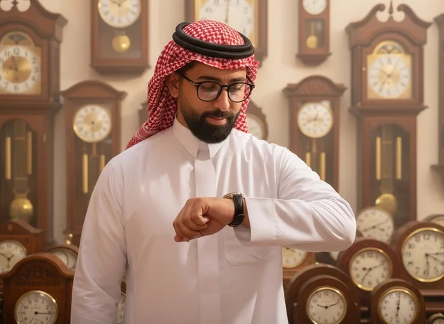 رجل سعودي بالثوب التقليدي يتفقد ساعة يده