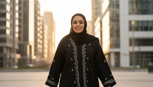 امرأة سعودية بالعباية السوداء في منطقة أعمال حديثة