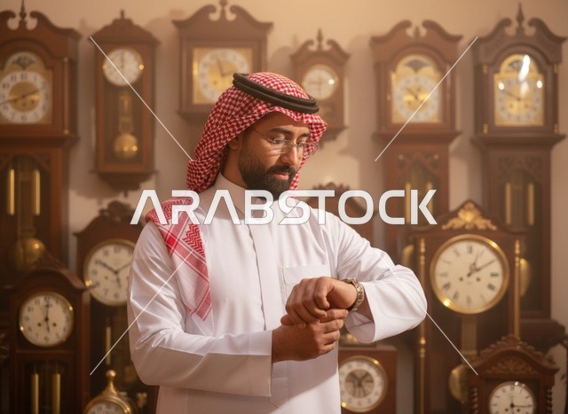 رجل سعودي يتفقد الوقت مع خلفية ساعات قديمة