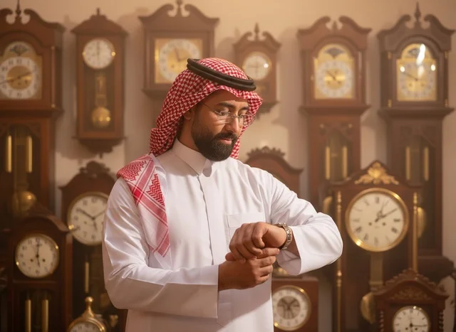 رجل سعودي يتفقد الوقت مع خلفية ساعات قديمة