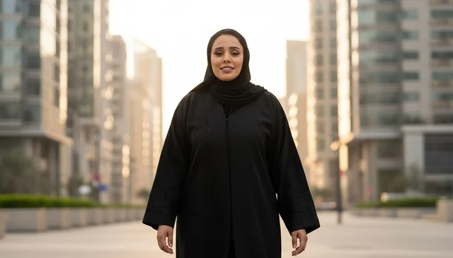 Emirati Woman in Abaya Walking in Modern City District
