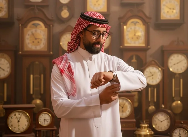 Saudi Man with Antique Clocks Adjusting Wristwatch