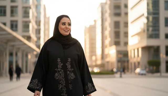 امرأة إماراتية بالعباءة السوداء تسير في حي سكني حديث