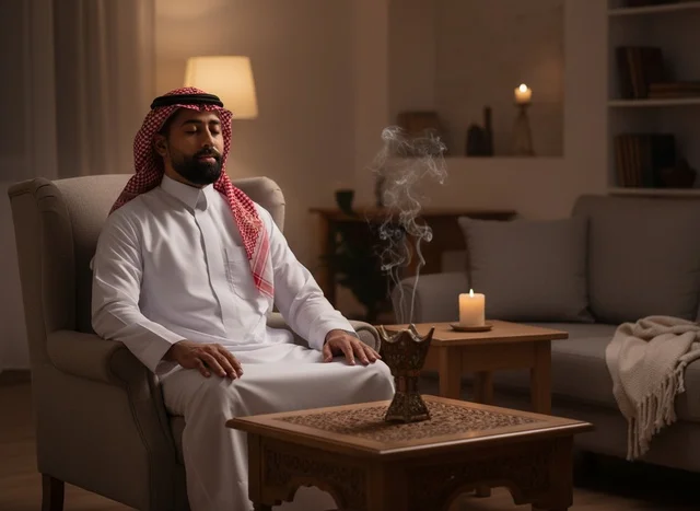 Saudi Man Relaxing with Traditional Bakhoor at Home