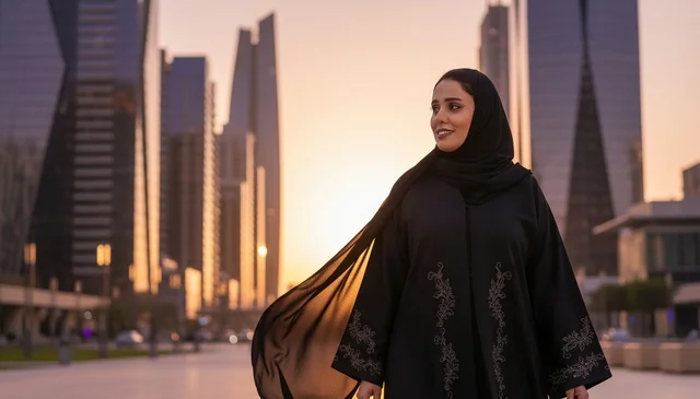 Arab Woman in Abaya at Modern City Skyline Sunset