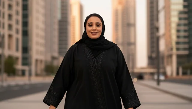 Emirati Woman in Black Abaya at Dubai Sunset