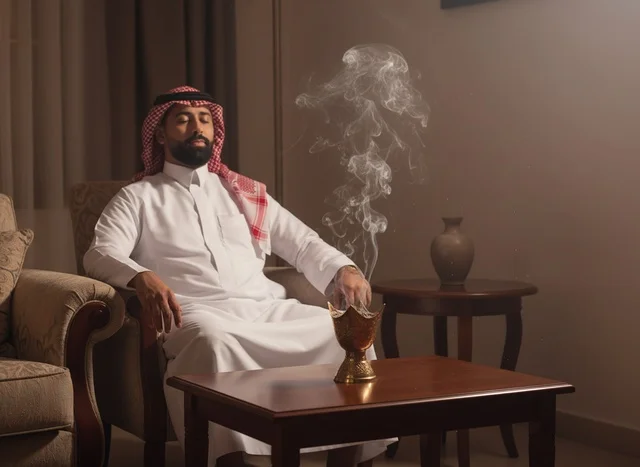 Saudi Man in Traditional Thobe Smelling Burning Incense