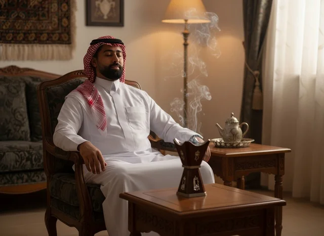 رجل سعودي يسترخي مع مبخرة البخور التقليدية