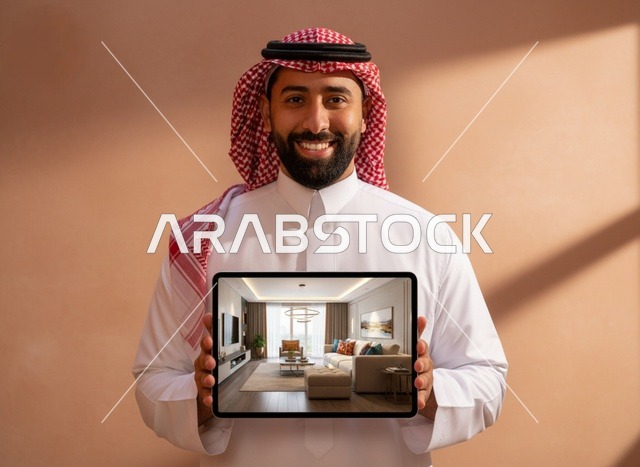 رجل سعودي يحمل جهاز لوحي يعرض غرفة معيشة حديثة