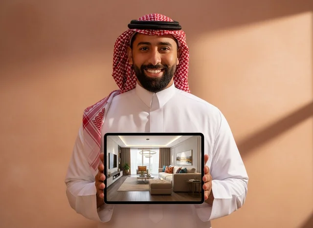 Saudi Man Holding Tablet Showing Modern Living Room