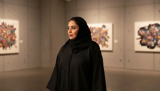 Emirati Woman in Abaya at Art Gallery Exhibition Emirati Woman in Abaya at Art Gallery Exhibition