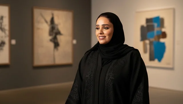 امرأة سعودية بالعباءة في معرض فنون حديث