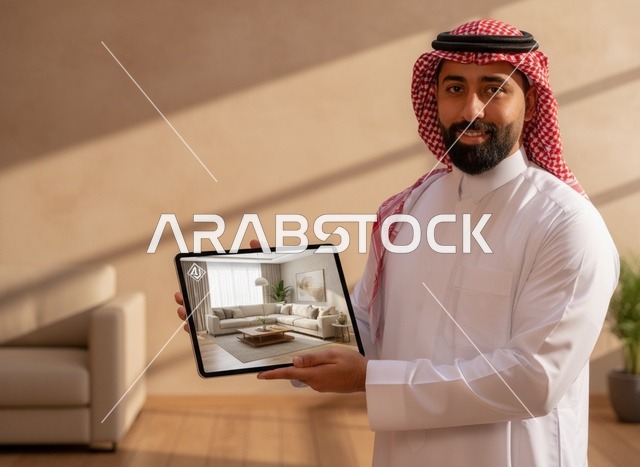 رجل سعودي يحمل جهاز لوحي يعرض تصميم داخلي