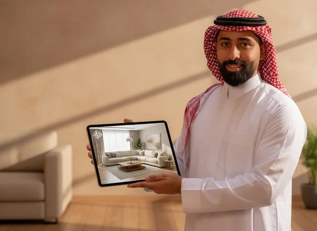 Saudi Man Holding Tablet with Modern Interior Design