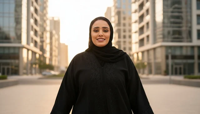 امرأة إماراتية بالعباءة السوداء في وقت الغروب