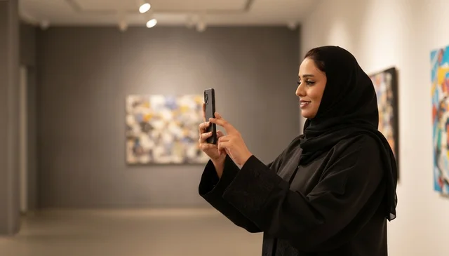 امرأة سعودية تلتقط صورة في معرض فني