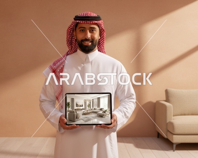 رجل سعودي يحمل جهازا لوحيا يعرض تصميما داخليا