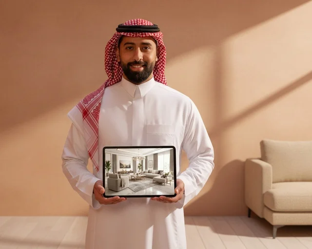 Saudi Man Holding Tablet with Interior Design Render