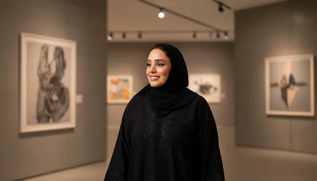 امرأة خليجية بالعباءة تقف في معرض فني ومتحف