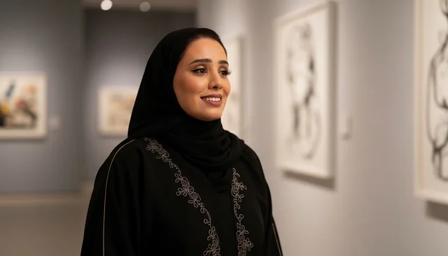 سيدة سعودية بعباءة سوداء داخل معرض فني حديث