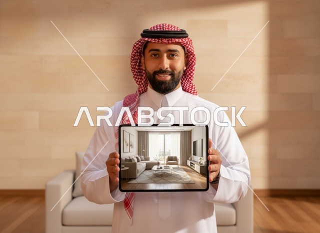 رجل سعودي يمسك جهازاً لوحيًا بتصميم داخلي