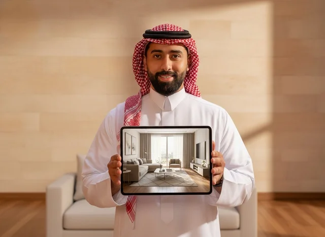 Saudi Man Holding Tablet with Interior Design