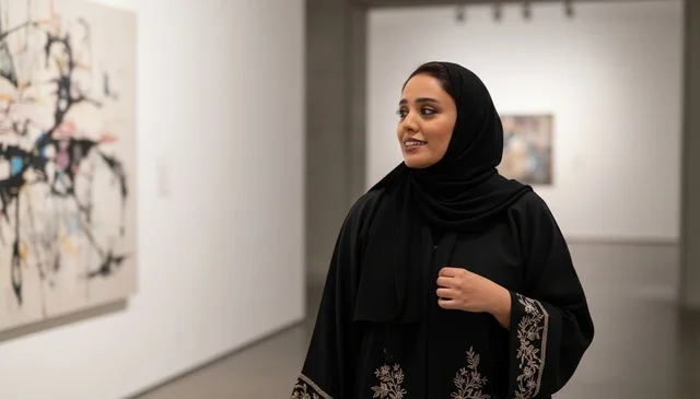 امرأة سعودية بالعباءة في معرض للفنون التشكيلية