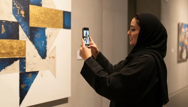 امرأة إماراتية تصور لوحة فنية في معرض تشكيلي