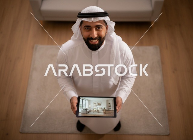 رجل إماراتي يمسك بجهاز لوحي يعرض تصميماً داخلياً
