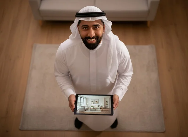Emirati Man Holding Tablet with Interior Design