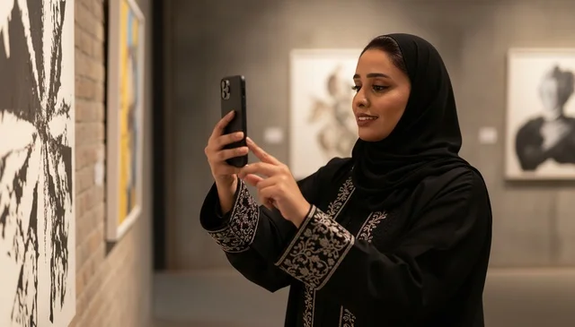 Saudi Woman Taking Photo in Art Gallery