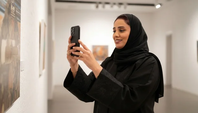 امرأة عربية بالعباءة تلتقط صوراً في معرض فني