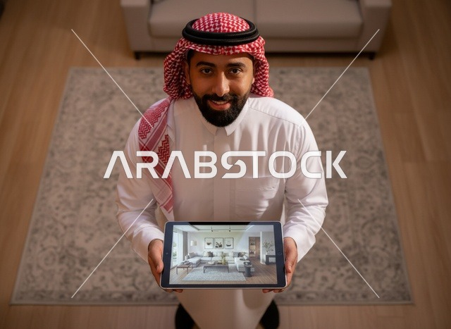 رجل سعودي يحمل جهاز لوحي يعرض تصميم داخلي